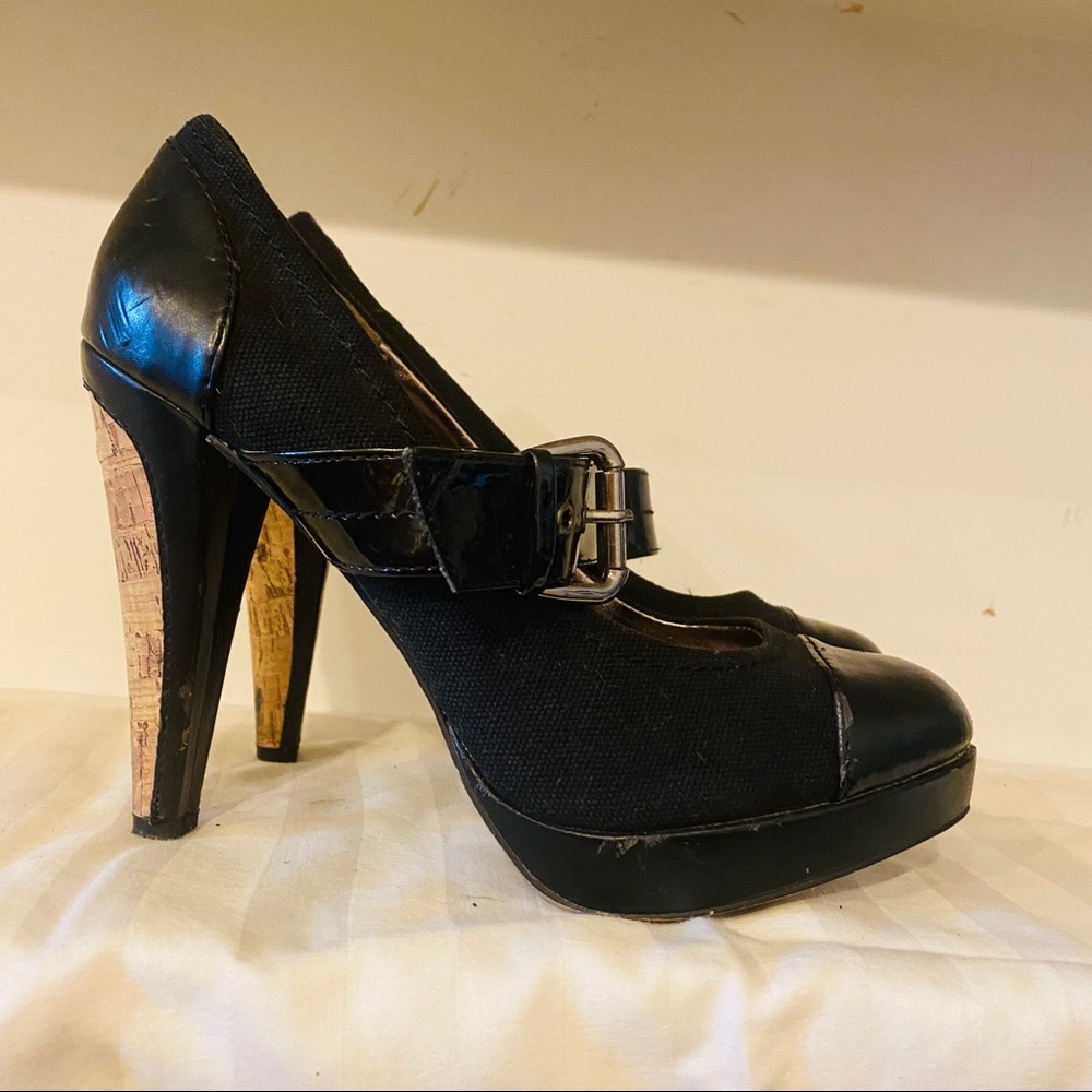 Charles canvas, cork & black patent strap heels 4"high. Like new